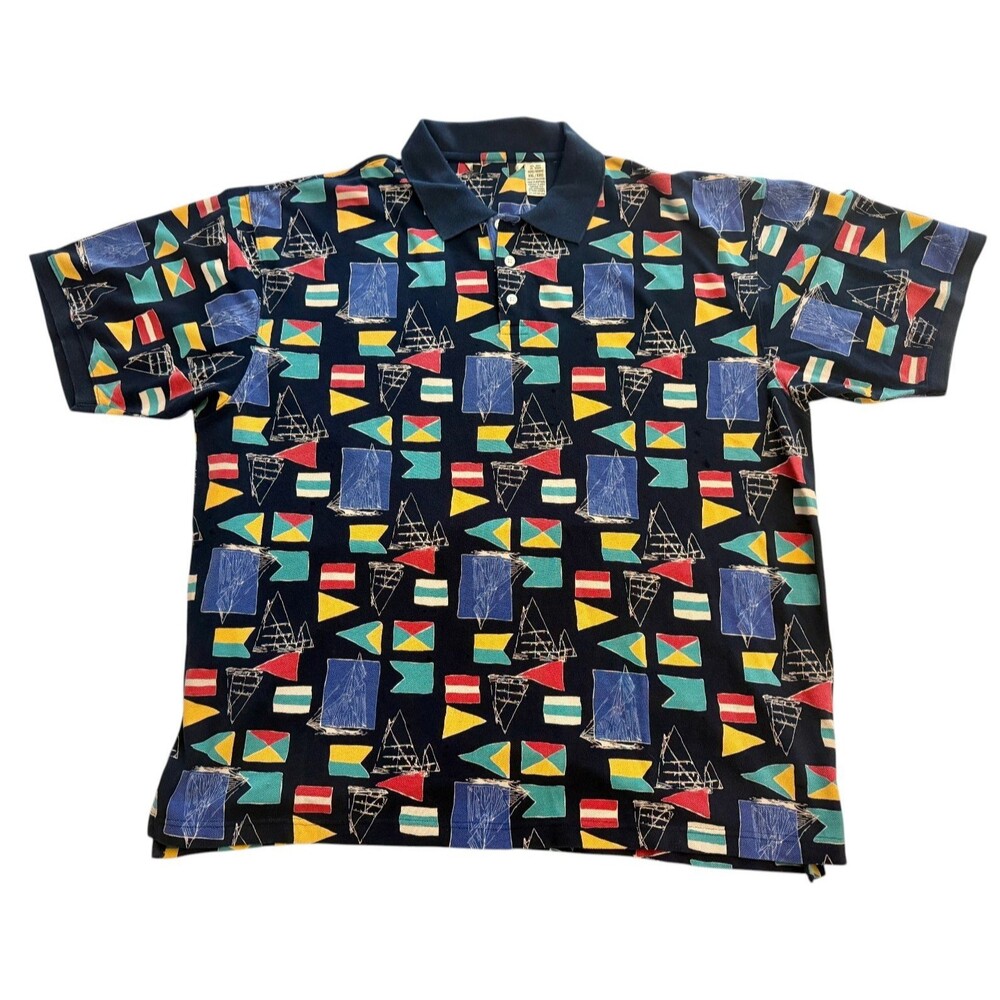 Nautical Flag Polo Shirt Mens 2XL Navy Sailboat All Over Print 100% Cotton